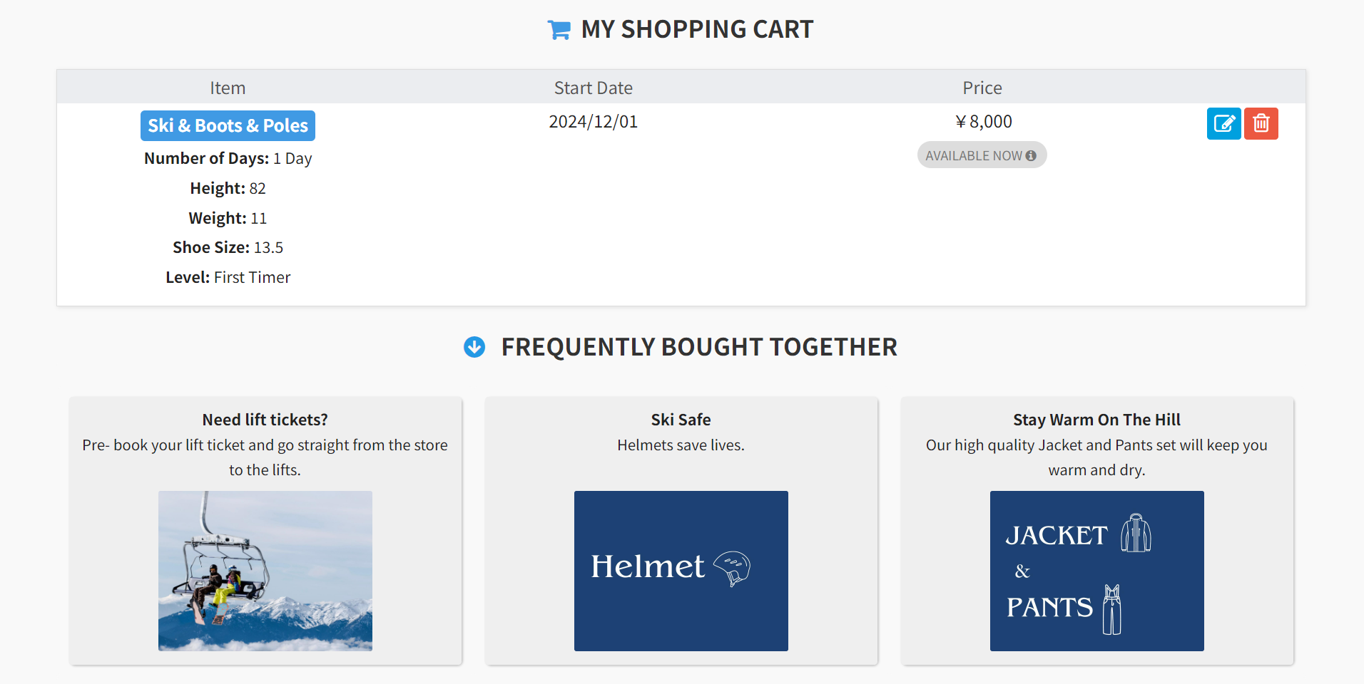 Customer display for <strong>Add</strong> upsells offering Lift Ticket, Helmet, Jacket and Pants to a customer who is renting Ski's, Boots and Poles.