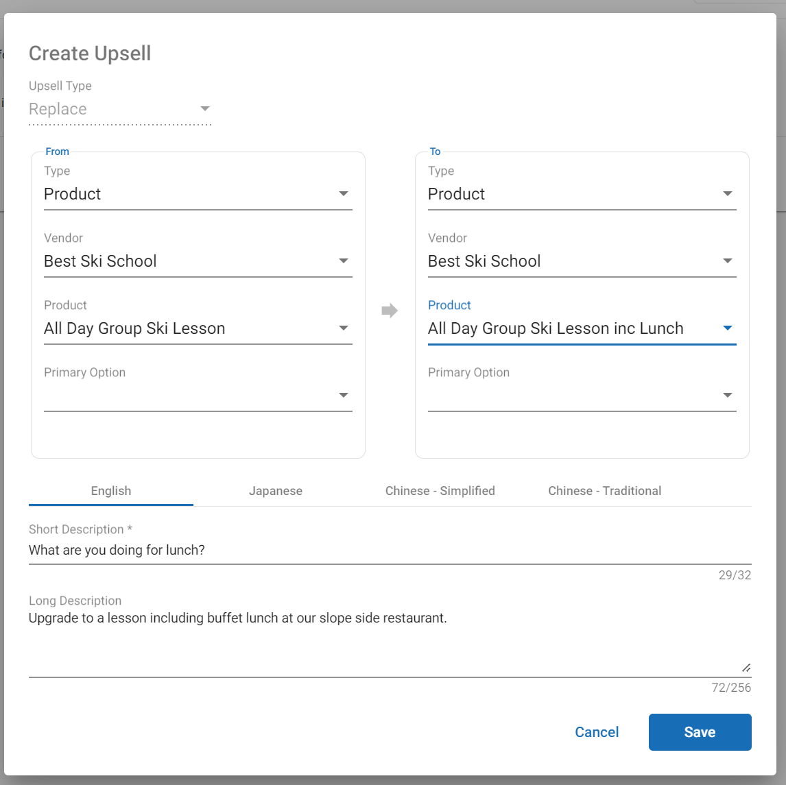 Setup to offer a Group Ski Lesson With lunch where a Group Ski Lesson is in the cart.