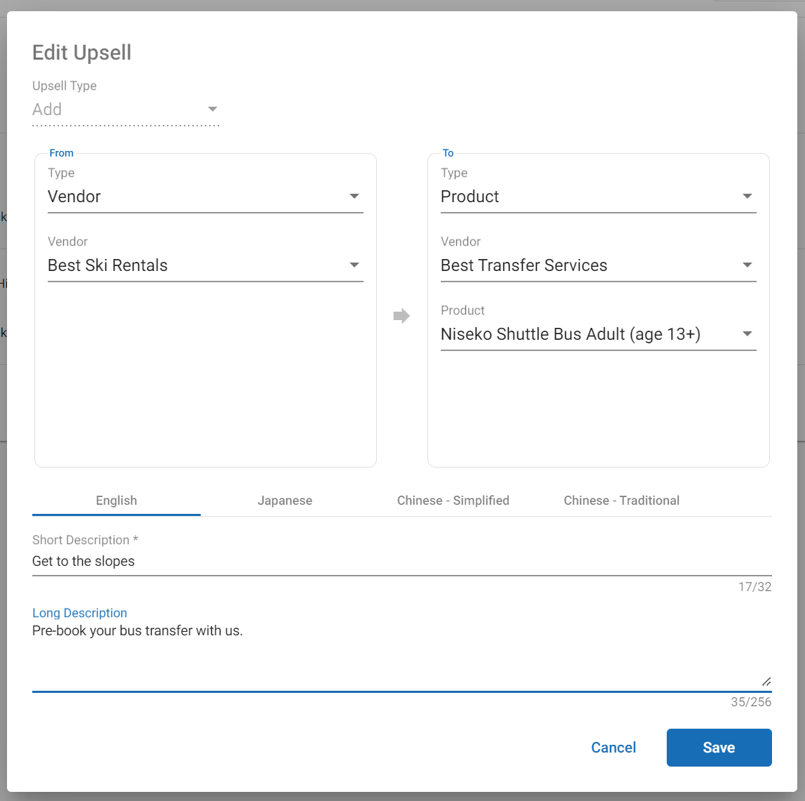 A vendor to product upsell to offer a Bus Transfer where any Best Ski Rentals (vendor) product is in the cart.