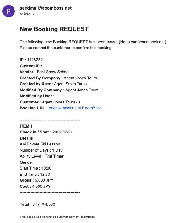 Example of New REQUEST Booking notification email