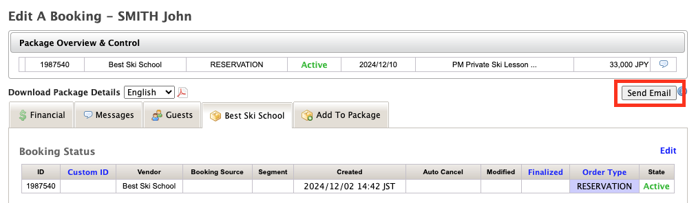 After changing the order type to “RESERVATION”, click the “Send Email” button marked in red