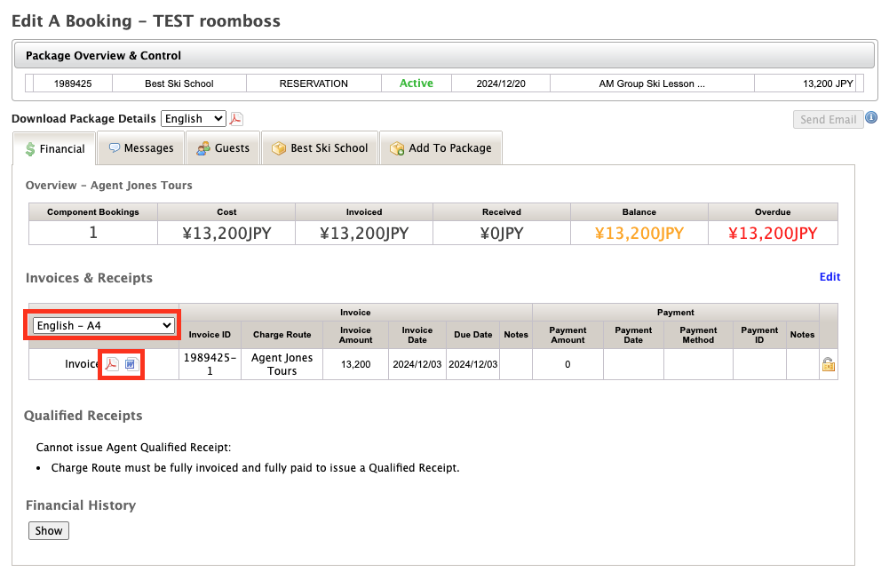 Financial page of the agent booking