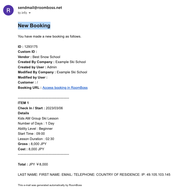 Example of New RESERVATION Booking notification email