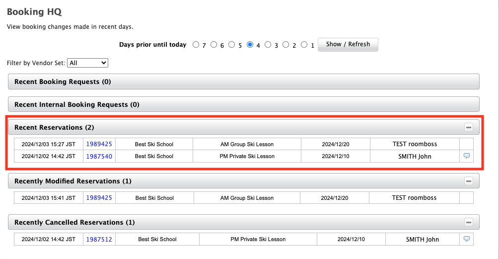 RESERVATION Bookings on Booking HQ page