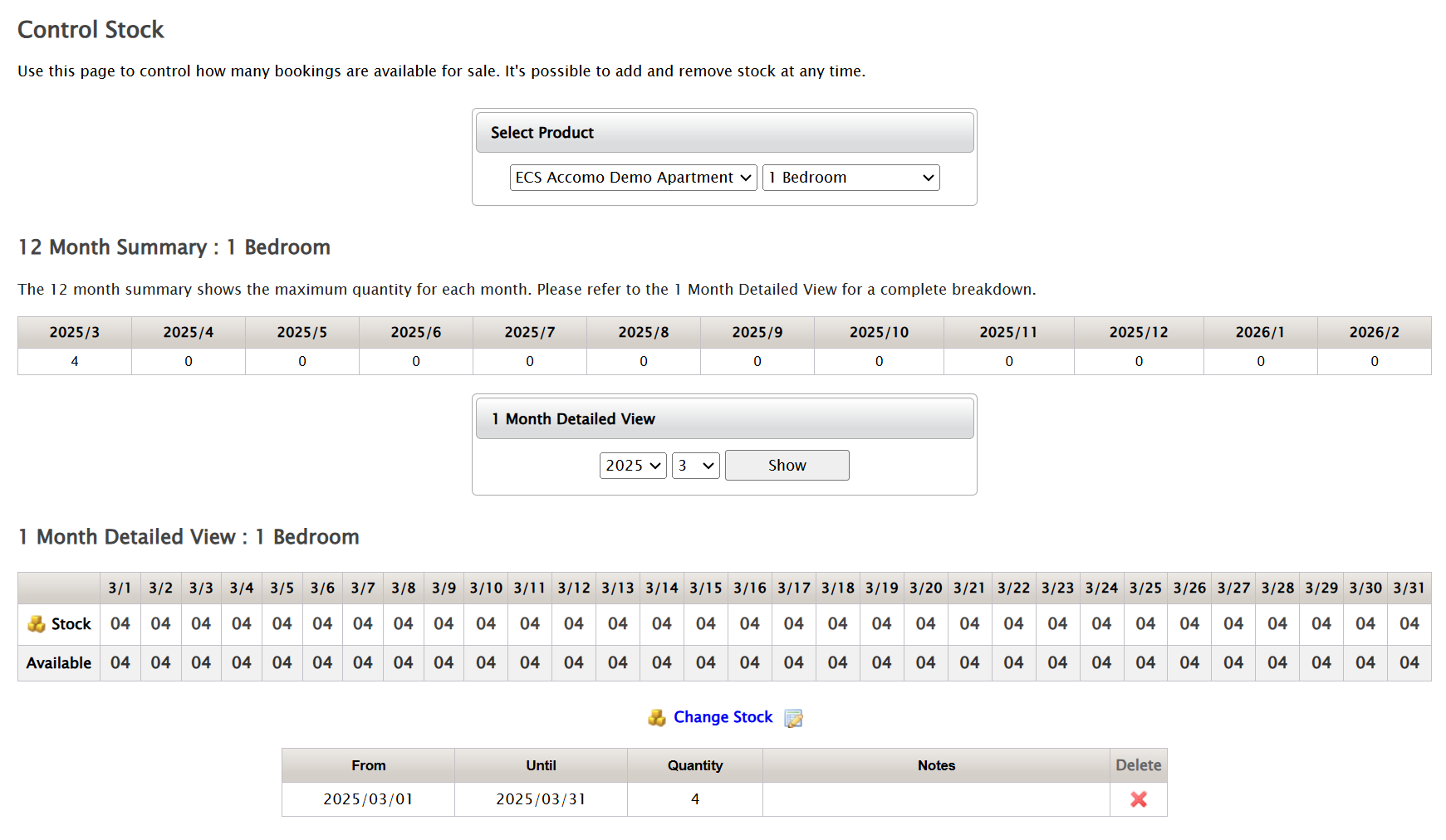 You can add and remove room stock from this page, available room stock is maintained by the user and room stock is set independently for each room type. You can add and remove room stock at any time.