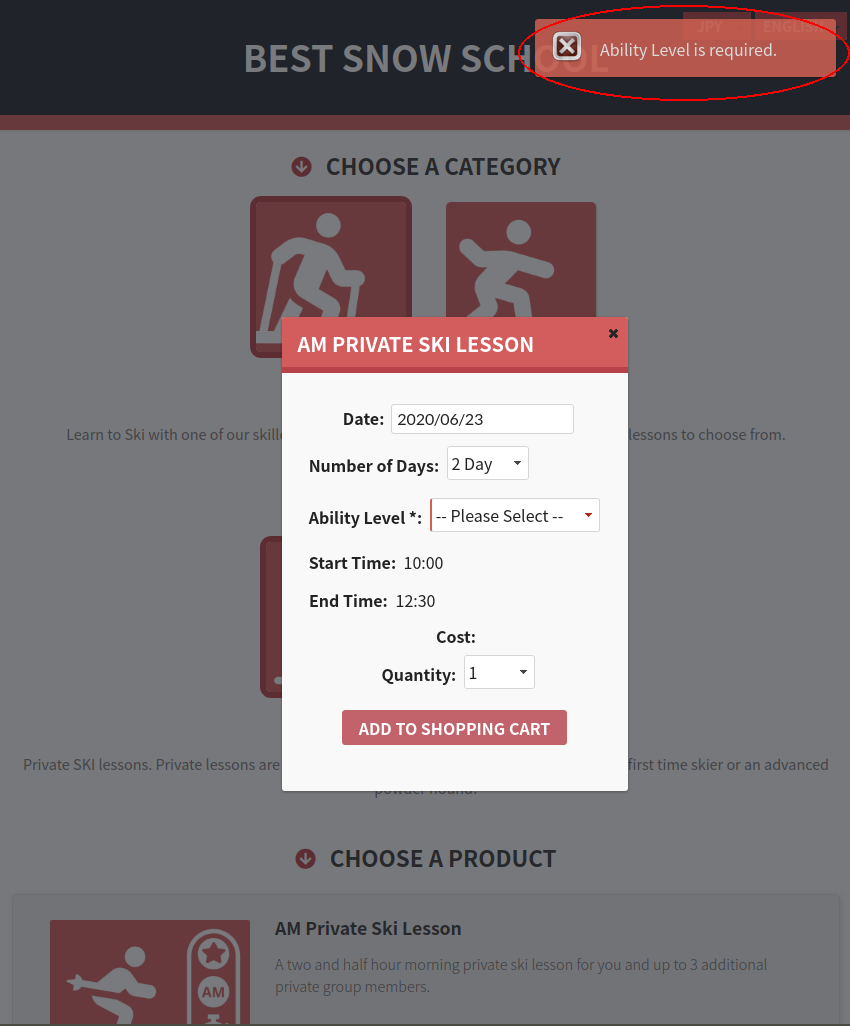 A notification message will appear if a customer does not make a choice for compulsory options.