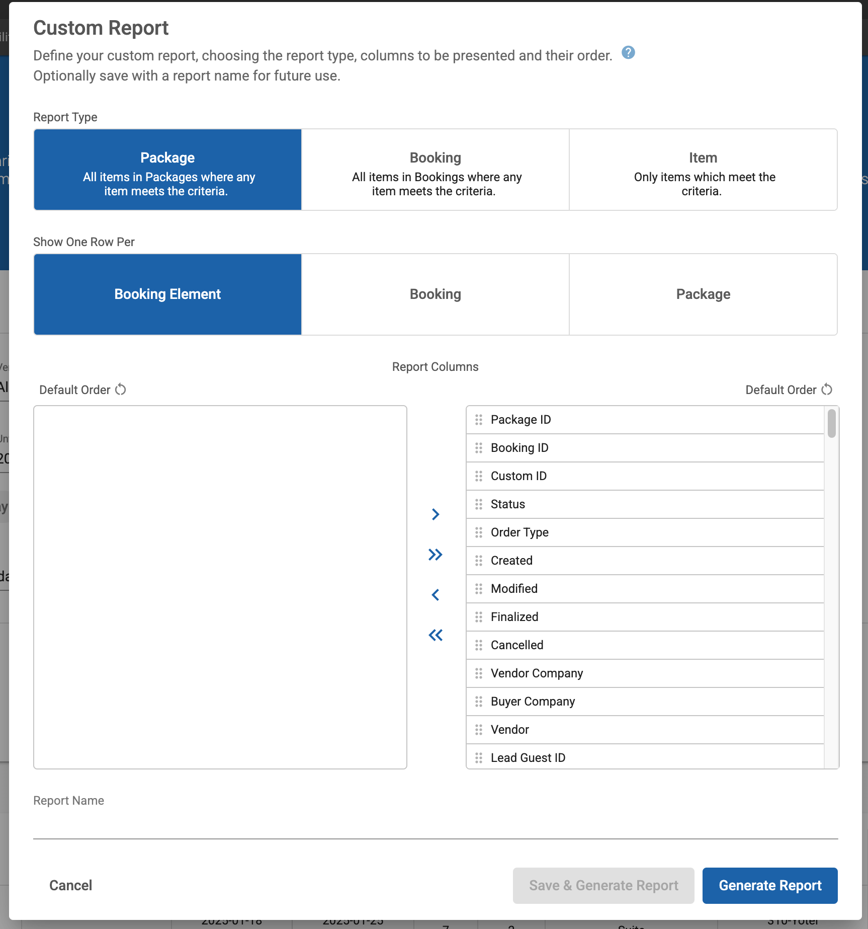 Setup page for custom report