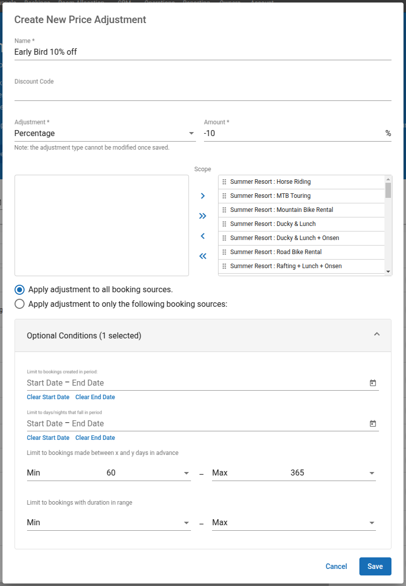 The above is an example of a 10 % early bird discount. A 10% discount would apply to all booking sources for all products for bookings made between 60 and 365 days in advance of start date.