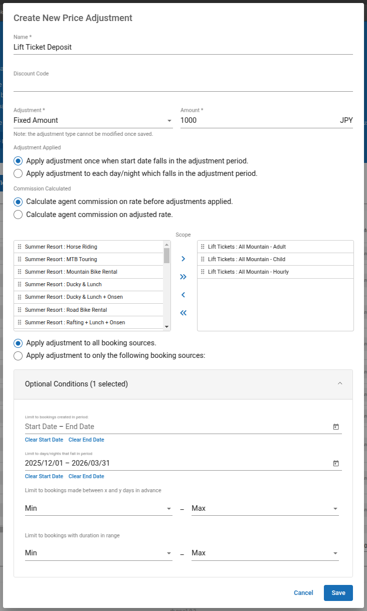 The above is an example of a positive, fixed rate adjustment of 1,000JPY added to all lift tickets. This might be used to cover a non commission-able deposit on lift tickets. It would be applied once to every booking that commences between 2025/12/01 and 2026/03/31. Commission would be calculated before the adjustment is applied.