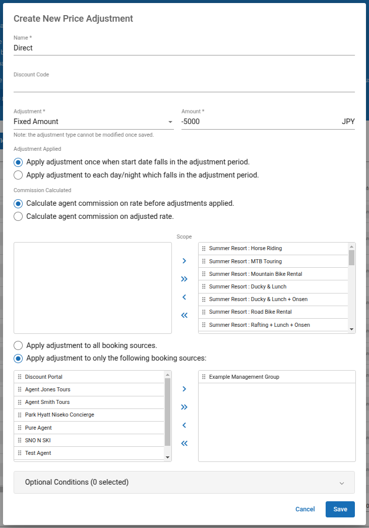 The above is an example of a negative, fixed rate adjustment. This would be a 5,000JPY reduction in cost for all direct (<strong>Example Management Group</strong> is the name of the account holder) bookings only. It would be applied once to all Direct bookings.