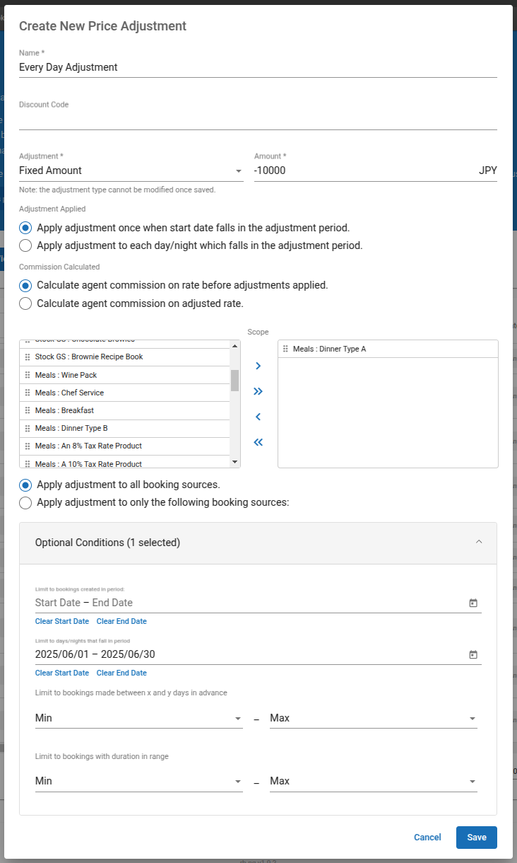 The above is an example of a negative, fixed rate adjustment. This would be a 10,000JPY per night/day reduction in cost, it would apply to all nights during June 2025 on bookings for the <strong>Meals : Dinner Type A</strong> product.