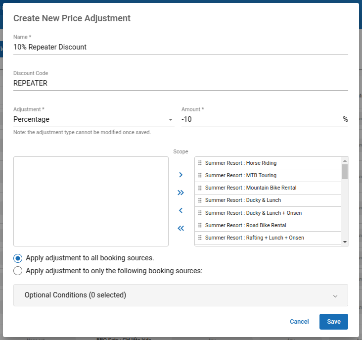 The above is an example of a negative, percentage adjustment that applies to all products for all dates but only if the discount code REPEATER is entered.