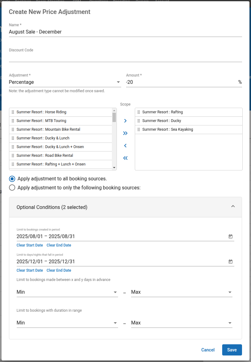 The above is an example of a negative, percentage adjustment for all channels. An “August Sale” 20% discount would apply to bookings for the products in the box on the right, that are booked for a date in December and are made during August.