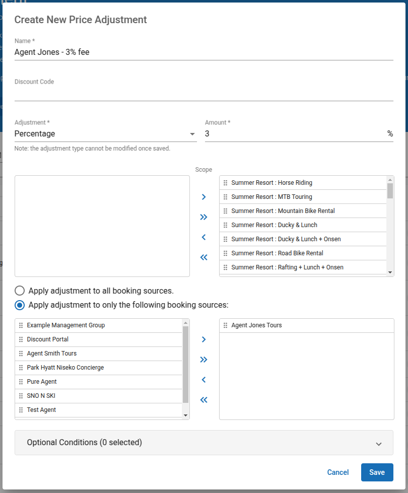 The above is an example of a positive, percentage adjustment for only the Agent Jones channel. A 3% increase in fee would apply to all bookings made by Agent Jones only. This might be used, for example, to cover a booking fee for this agent.