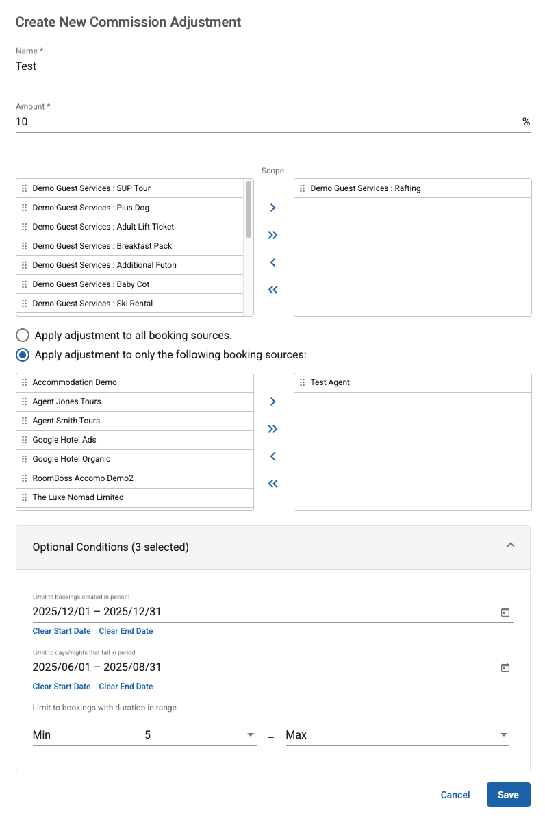 The various options to choose from when creating a new Commission Adjustment.