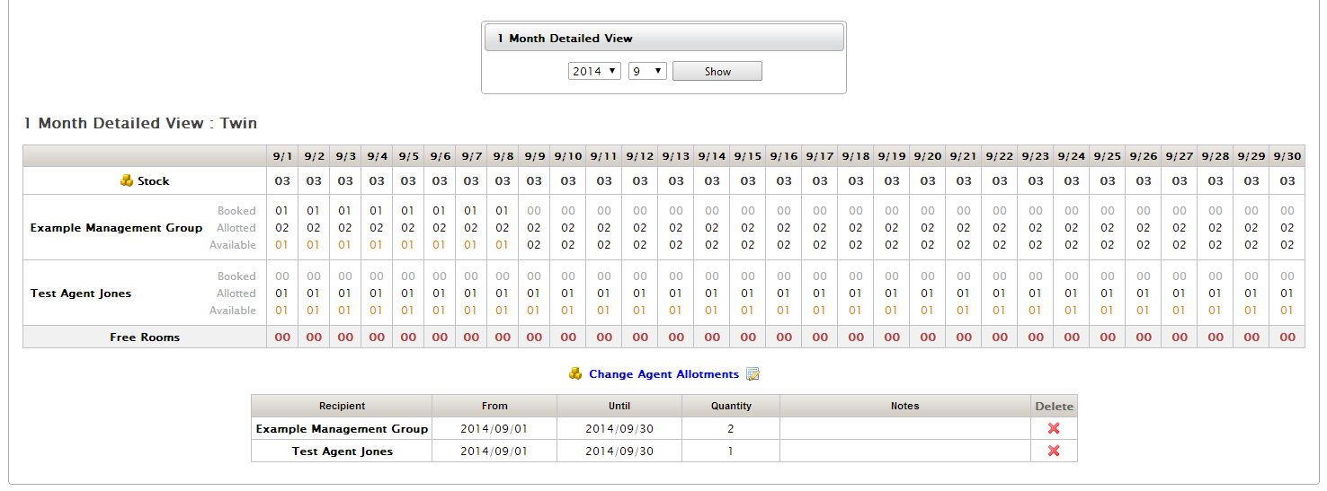 Showing September: The Example Management Group has allotted 2 rooms to direct booking and 1 room to Test Agent Jones. There is a direct booking 1st – 9th which has been taken from the rooms allotted to direct bookings.
