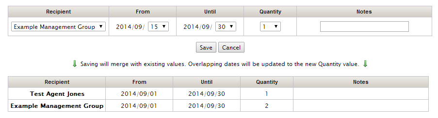 Clicking <strong>Save</strong> would change the Example Management Group’s allotment to 1 unit for the dates 15th – 30th September. Allotment for 1st – 14th would remain unchanged.