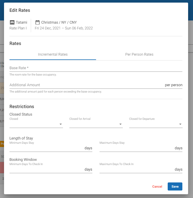 Occupancy Based prices can be set using Incremental Rates with a price for the base occupancy and an increment for each additional person, or