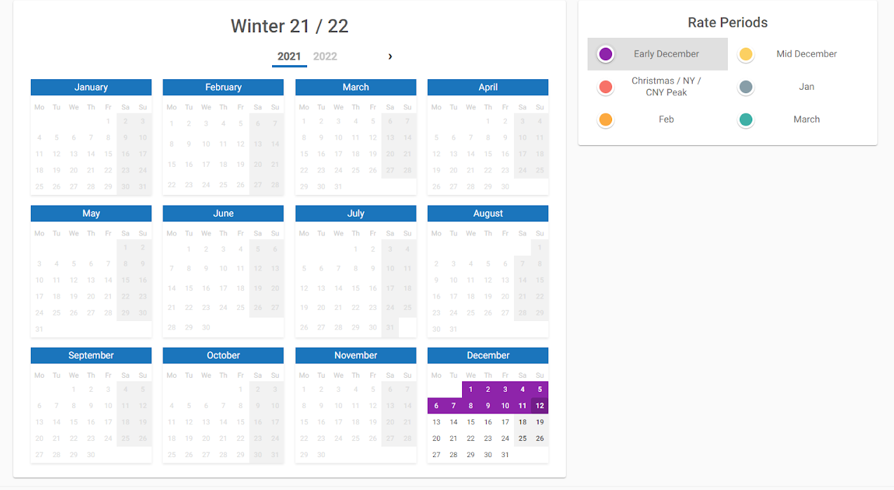 Choose a period and drag or click to “paint” the dates in the calendar to set the dates this period will apply to.