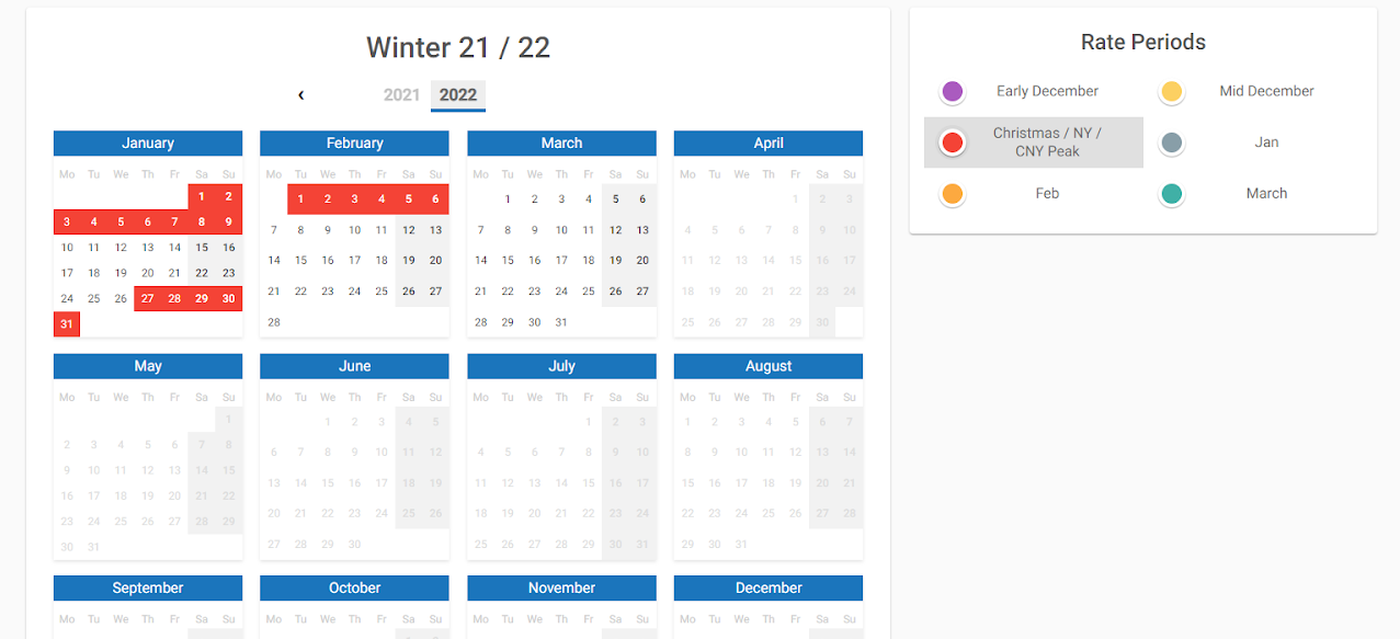 Rate period do not have to be continuous so the Christmas/NY/CNY period can be applied to dates over Christmas, New Year and Chinese New Year