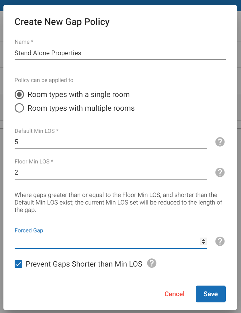 Creating a new policy for room types with a single room with defaults MinLos 5, Floor MinLos 2, no forced gap and prevent gaps shorter than MinLos enabled.