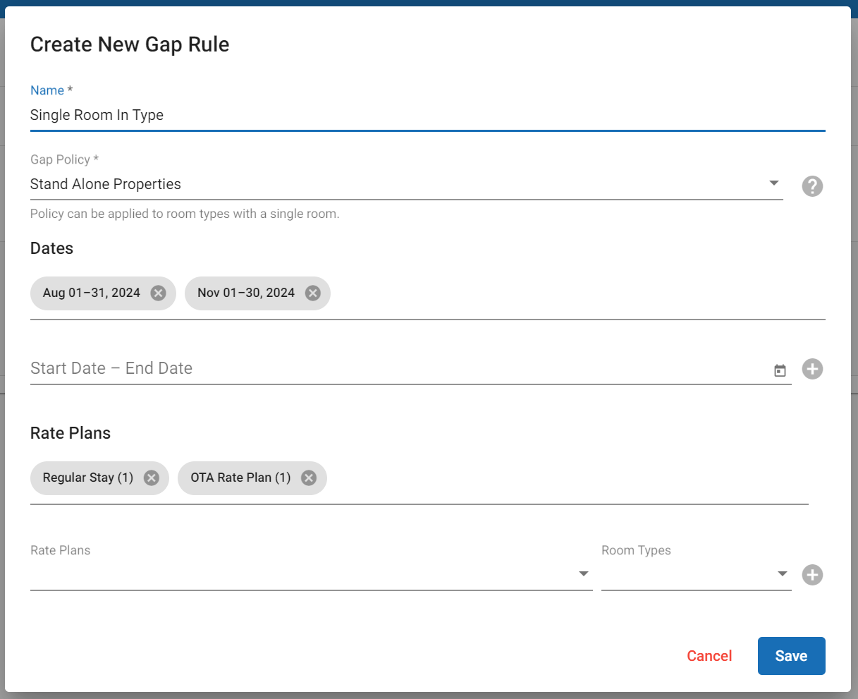 Applying the Stand Alone Properties policy to Regular Stay and OTA Rate Plan plans for August and November dates.